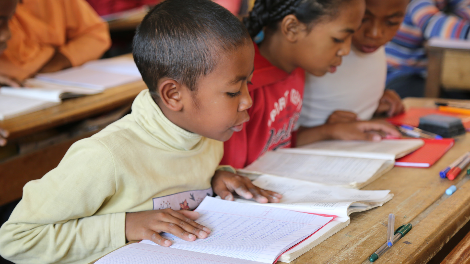 Credit/ALT text: A school boy reads a book. Madagascar. Credit: GPE/Carine Durand